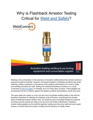 Why is Flashback Arrestor Testing Critical for Weld and Safety