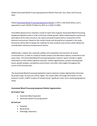 Automated Blood Processing Equipment Market