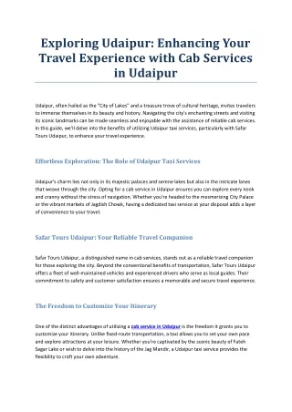 Exploring Udaipur: Enhancing Your Travel Experience with Cab Services in Udaipur