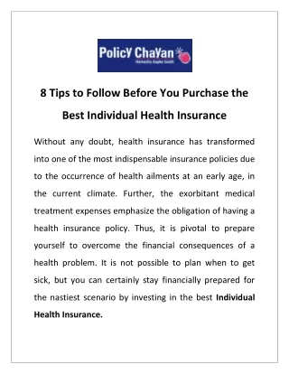 8 Tips to Follow Before You Purchase the Best Individual Health Insurance