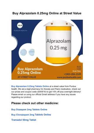 Buy Alprazolam 0.25mg Online at Street Value | PurdueHealth