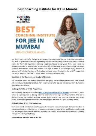 Best Coaching Institute for JEE in Mumbai