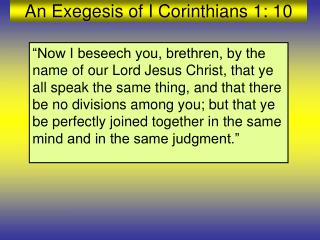 An Exegesis of I Corinthians 1: 10