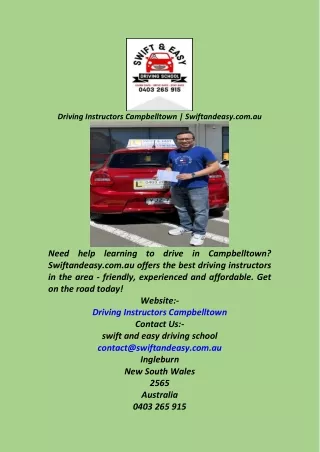 Driving Instructors Campbelltown  Swiftandeasy.com.au