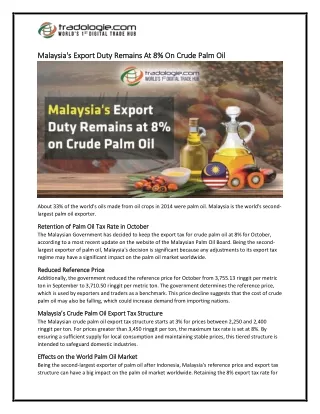 7-Malaysia's Export Duty Remains At 8% On Crude Palm Oil