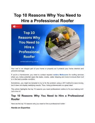 Top 10 Reasons Why You Need to Hire a Professional Roofer