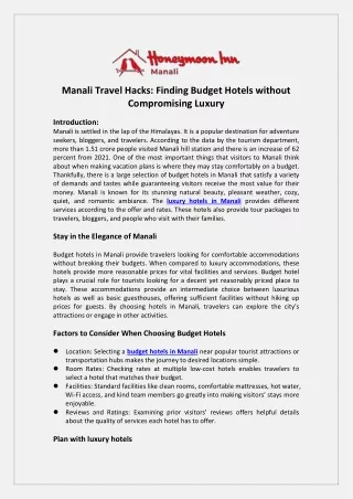 Manali Travel Hacks Finding Budget Hotels without Compromising Luxury