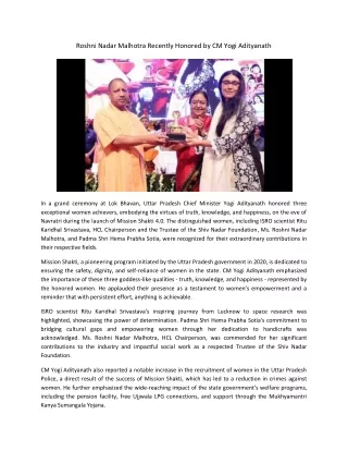 Roshni Nadar Malhotra Recently Honored by CM Yogi Adityanath