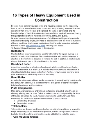 16 Types of Heavy Equipment Used in Construction