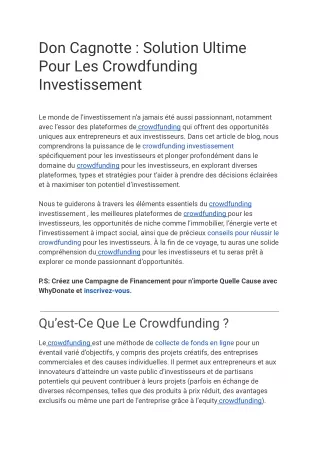 Don Cagnotte _ Solution Ultime Pour Les Crowdfunding Investissement