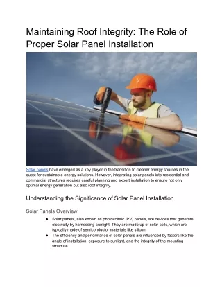 Maintaining Roof Integrity: The Role of Proper Solar Panel Installation