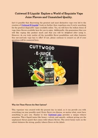 Cuttwood E-Liquids: Explore a World of Exquisite Vape Juice Flavors and Unmatche