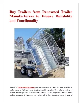 Buy Trailers from Renowned Trailer Manufacturers to Ensure Durability and Functi