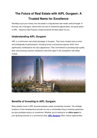 The Future of Real Estate with AIPL Gurgaon A Trusted Name for Excellence