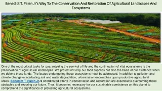 Benedict T. Palen Jr's Way To The Conservation And Restoration Of Agricultural Landscapes And Ecosystems