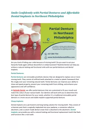 Smile Confidently with Partial Dentures and Affordable Dental Implants in Northeast Philadelphia