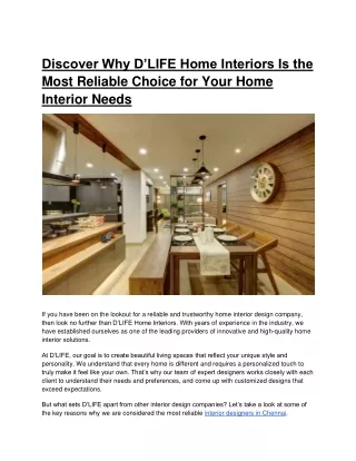 Discover Why D’LIFE Home Interiors is the Most Reliable Choice for Your Home Interior Needs