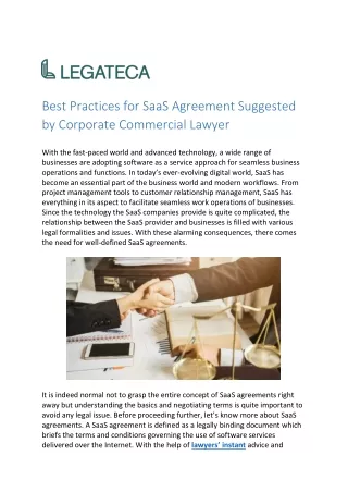 Best Practices for SaaS Agreement Suggested by Corporate Commercial Lawyer