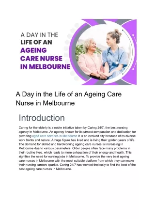 A Day in the Life of a Melbourne-Based Nurse Focused on Elderly Care