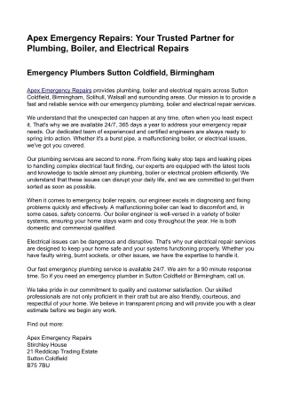 Apex Emergency Repairs - Emergency Plumbers Sutton Coldfield Birmingham