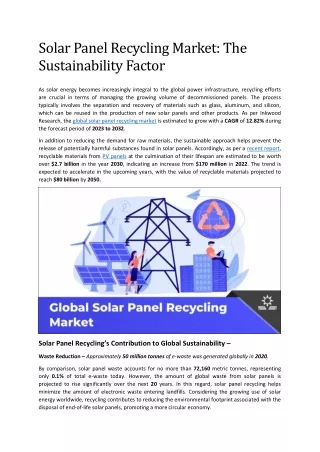 Environmental Concerns Drive Solar Panel Recycling Market Growth