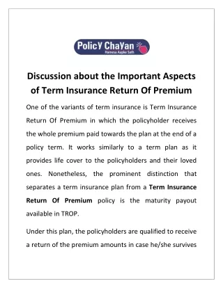 Discussion about the Important Aspects of Term Insurance Return Of Premium