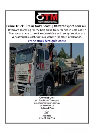 Crane Truck Hire in Gold Coast  Otmtransport.com.au