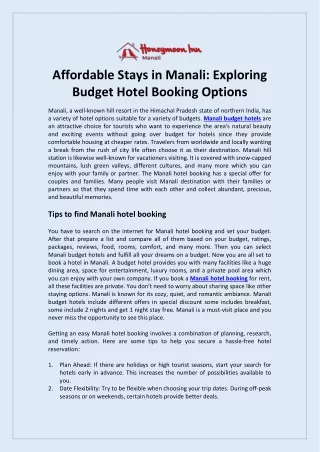 Affordable Stays in Manali Exploring Budget Hotel Booking Options