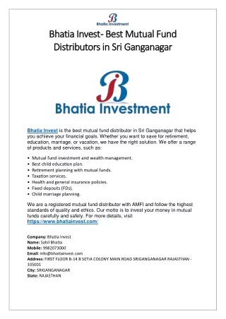 Bhatia Invest - Best Mutual Fund Distributors in Sri Ganganagar