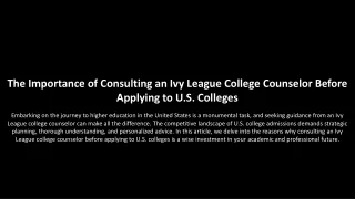 The Importance of Consulting an Ivy League College Counselor Before Applying to U.S. Colleges