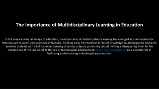 The Importance of Multidisciplinary Learning in Education