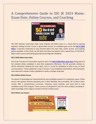 A Comprehensive Guide to SSC JE 2023 Mains Exam Date, Online Courses, and Coaching
