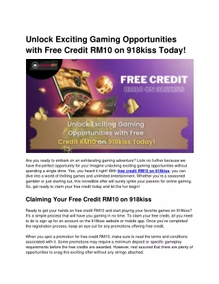 Unlock Exciting Gaming Opportunities with Free Credit RM10 on 918kiss Today!