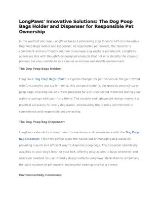 LongPaws' Innovative Solutions,The Dog Poop Bags Holder and Dispenser for Responsible Pet Ownership