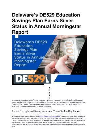 Delaware’s De529 Education Savings Plan Earns Silver Status