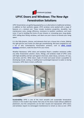 UPVC Doors and Windows The New-Age Fenestration Solutions