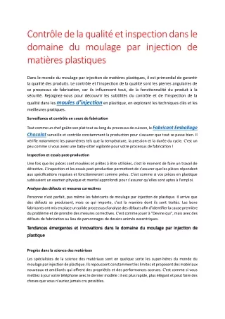 Contrôle de la qualité et inspection dans le domaine du moulage par injection de matières plastiques