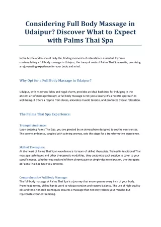 Considering Full Body Massage in Udaipur? Discover What to Expect with Palms Tha