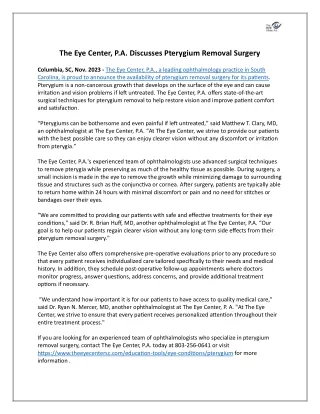 The Eye Center, P.A. Discusses Pterygium Removal Surgery