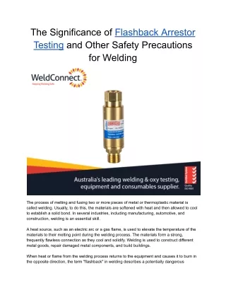 The Significance of Flashback Arrestor Testing and Other Safety Precautions for Welding