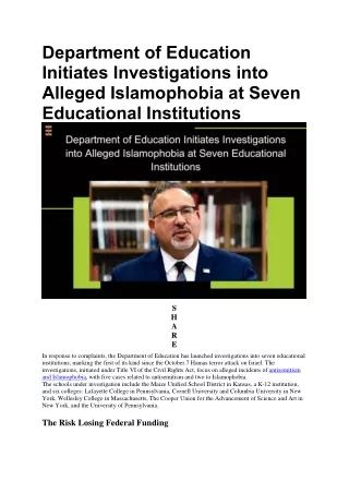 Department of Education Initiates Investigations into Alleged Islamophobia at Se