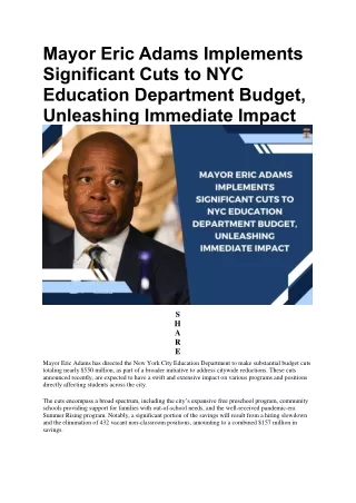 Mayor Eric Adams Implements Significant Cuts to NYC Education Department Budget