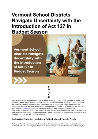 Vermont Schools Face Budget Uncertainty with Act 127 | Future Education Magazine