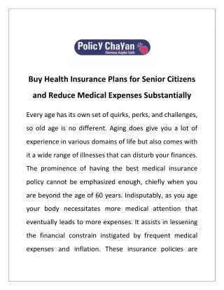 Buy Health Insurance Plans for Senior Citizens and Reduce Medical Expenses Substantially