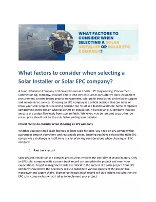 What factors to consider when selecting a Solar Installer or Solar EPC company