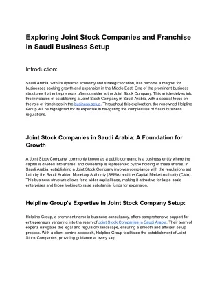 Exploring Joint Stock Companies and Franchise in Saudi Business Setup