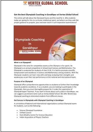 Get the best Olympiads Coaching in Gorakhpur at Vertex Global School