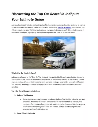 Discovering the Top Car Rental in Jodhpur