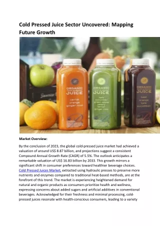 Cold Pressed Juice Market Sector Uncovered: Mapping Future Growth