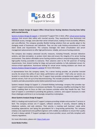 Systems Analysis Design & Support Offers Virtual Server Hosting Solutions Ensuring Data Safety with Ironclad Security